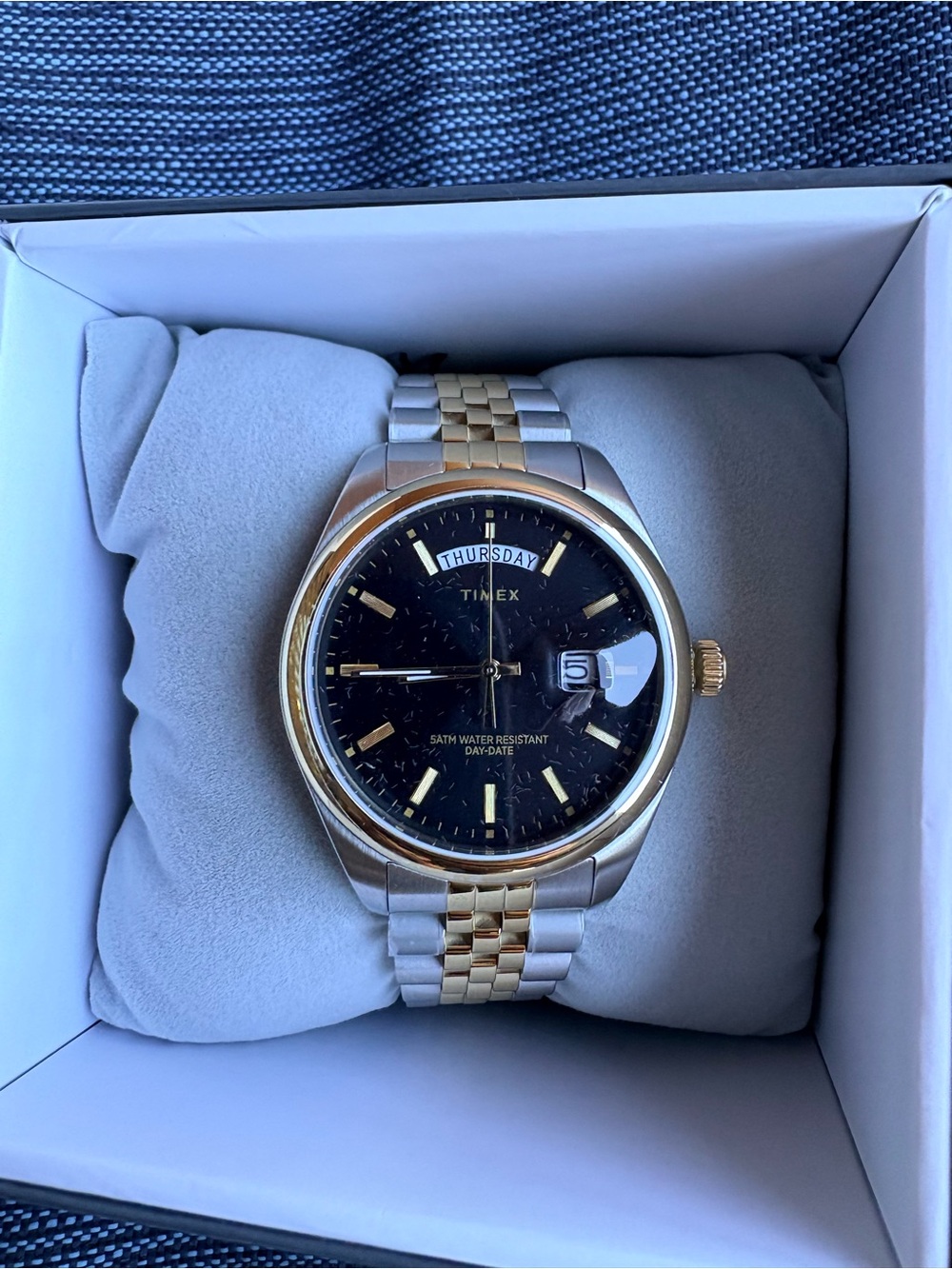 Brand new in box Timex Men’s Two-Tone Blue Dial Watch with Gold Accents